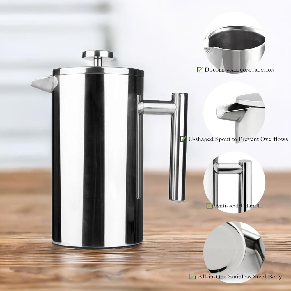 French Press Coffee Maker - French Press koffiezetapparaat, 304 roestvrij staal,